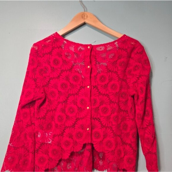 Sezane Women's Blouse Lace Crochet Romantic 3/4 Sleeve V-Neck Shirt Red Size 34 - Picture 2 of 4